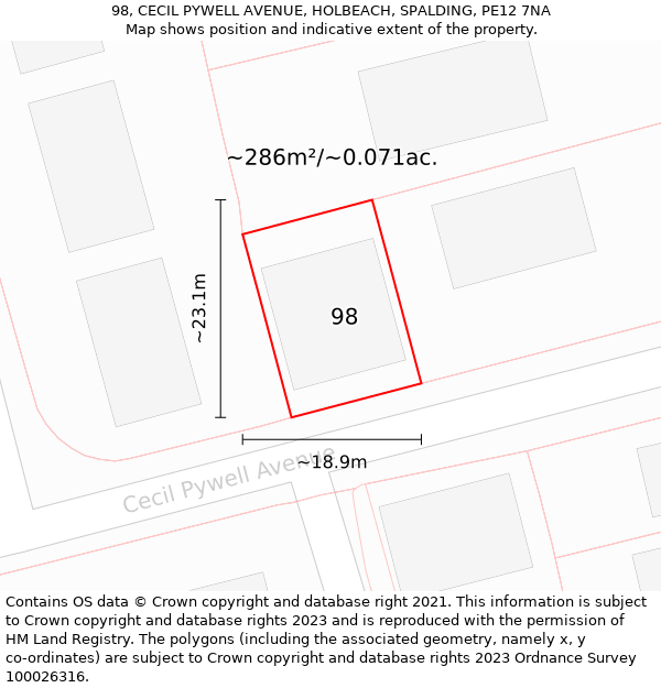 98, CECIL PYWELL AVENUE, HOLBEACH, SPALDING, PE12 7NA: Plot and title map