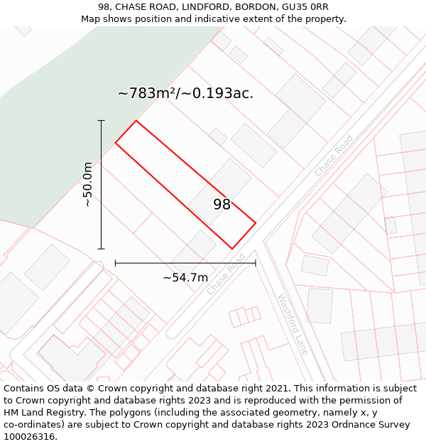 98, CHASE ROAD, LINDFORD, BORDON, GU35 0RR: Plot and title map