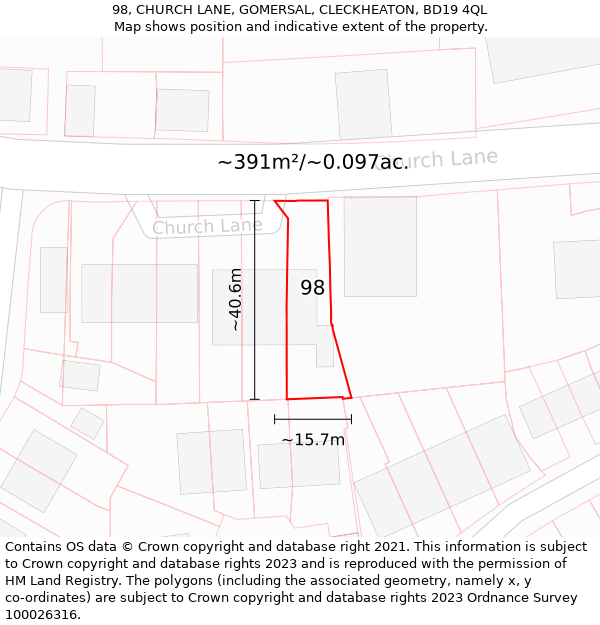 98, CHURCH LANE, GOMERSAL, CLECKHEATON, BD19 4QL: Plot and title map