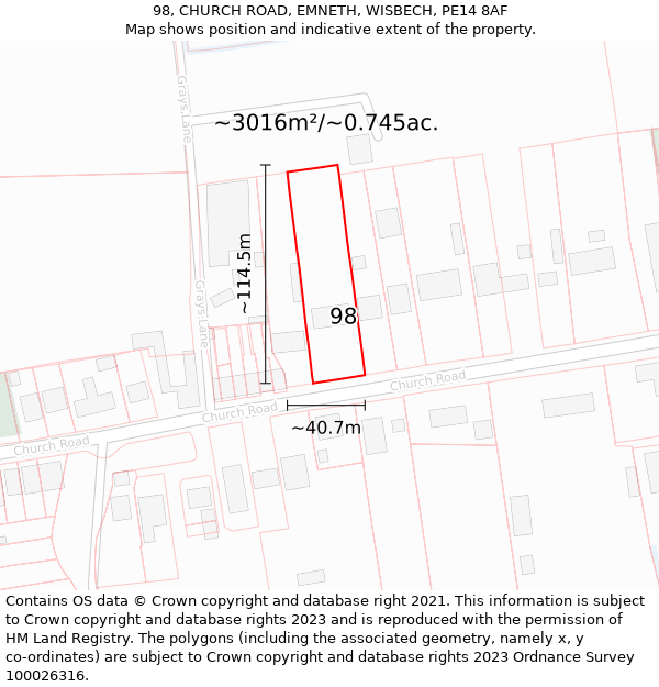 98, CHURCH ROAD, EMNETH, WISBECH, PE14 8AF: Plot and title map