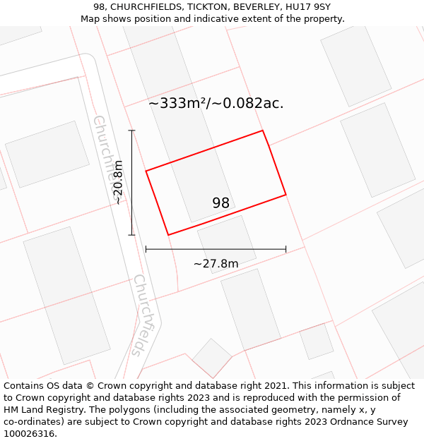 98, CHURCHFIELDS, TICKTON, BEVERLEY, HU17 9SY: Plot and title map