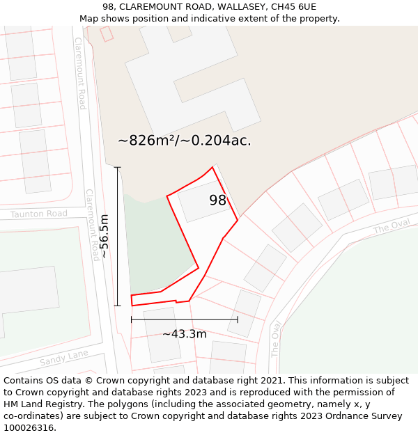 98, CLAREMOUNT ROAD, WALLASEY, CH45 6UE: Plot and title map