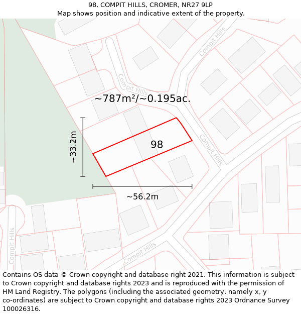 98, COMPIT HILLS, CROMER, NR27 9LP: Plot and title map