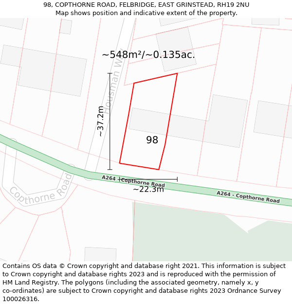 98, COPTHORNE ROAD, FELBRIDGE, EAST GRINSTEAD, RH19 2NU: Plot and title map