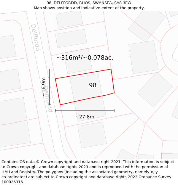 98, DELFFORDD, RHOS, SWANSEA, SA8 3EW: Plot and title map