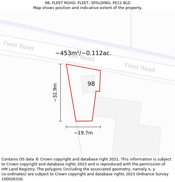 98, FLEET ROAD, FLEET, SPALDING, PE12 8LD: Plot and title map