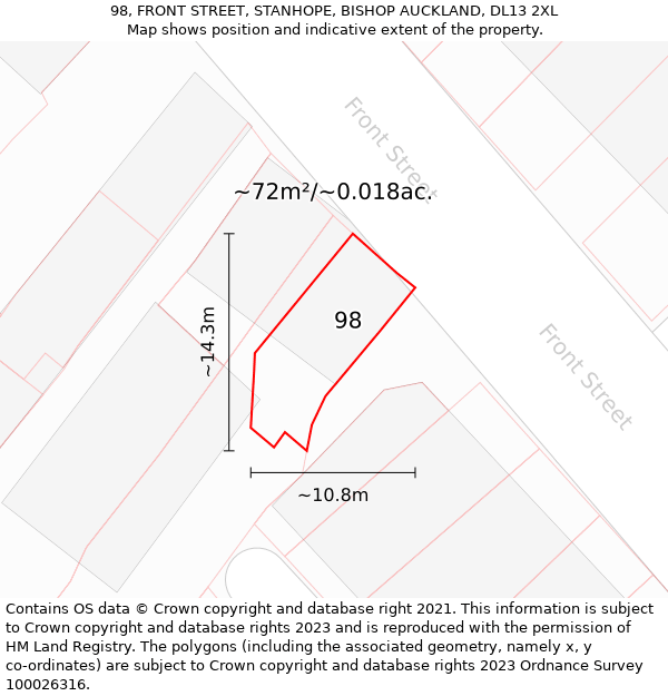 98, FRONT STREET, STANHOPE, BISHOP AUCKLAND, DL13 2XL: Plot and title map