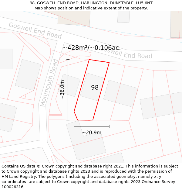 98, GOSWELL END ROAD, HARLINGTON, DUNSTABLE, LU5 6NT: Plot and title map