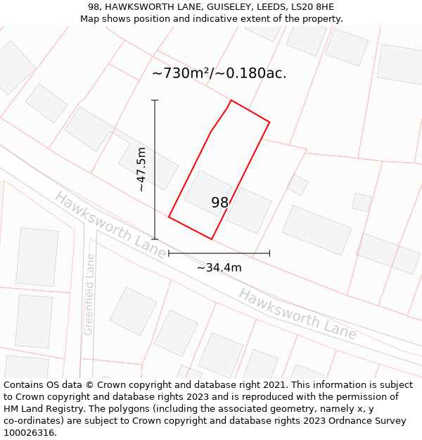 98, HAWKSWORTH LANE, GUISELEY, LEEDS, LS20 8HE: Plot and title map