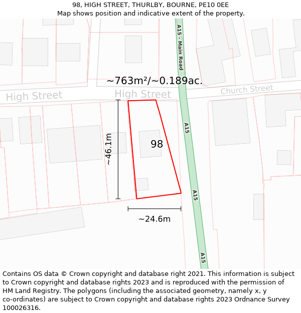 98, HIGH STREET, THURLBY, BOURNE, PE10 0EE: Plot and title map