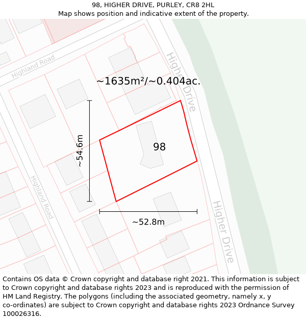 98, HIGHER DRIVE, PURLEY, CR8 2HL: Plot and title map