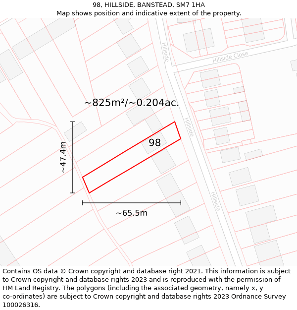 98, HILLSIDE, BANSTEAD, SM7 1HA: Plot and title map