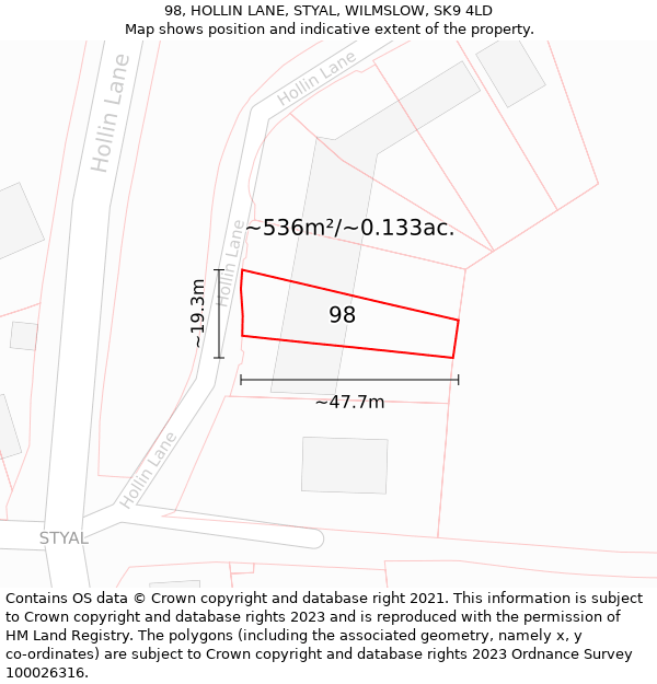 98, HOLLIN LANE, STYAL, WILMSLOW, SK9 4LD: Plot and title map