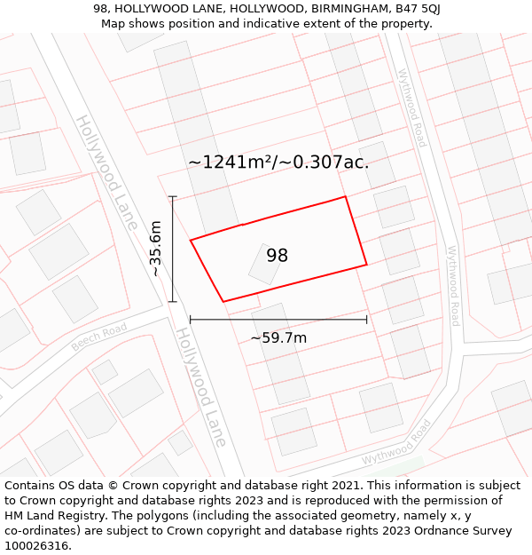 98, HOLLYWOOD LANE, HOLLYWOOD, BIRMINGHAM, B47 5QJ: Plot and title map