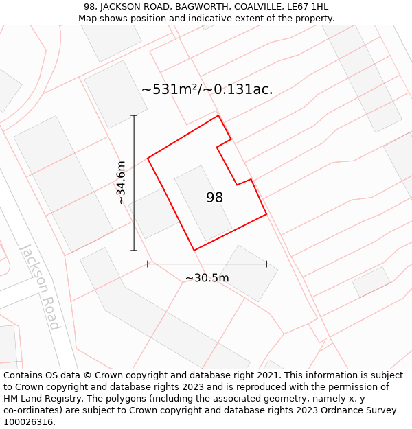 98, JACKSON ROAD, BAGWORTH, COALVILLE, LE67 1HL: Plot and title map