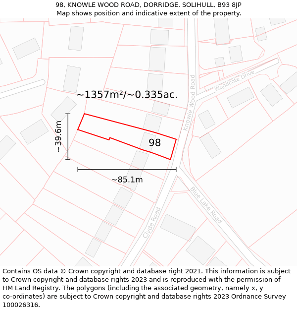 98, KNOWLE WOOD ROAD, DORRIDGE, SOLIHULL, B93 8JP: Plot and title map