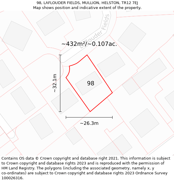 98, LAFLOUDER FIELDS, MULLION, HELSTON, TR12 7EJ: Plot and title map