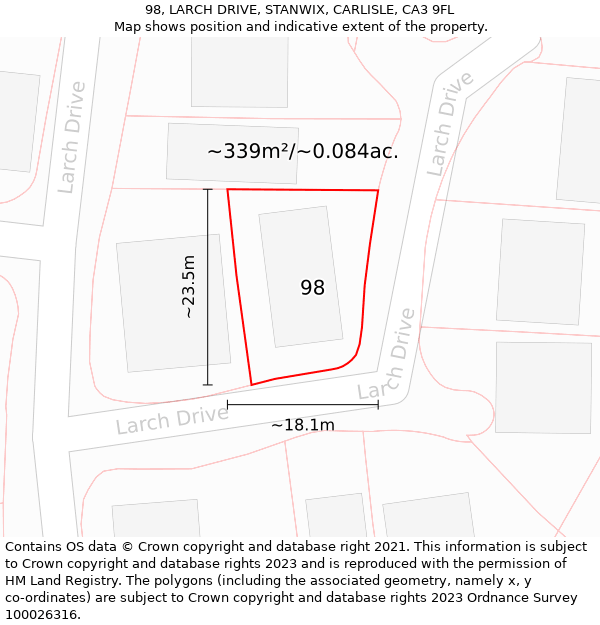 98, LARCH DRIVE, STANWIX, CARLISLE, CA3 9FL: Plot and title map