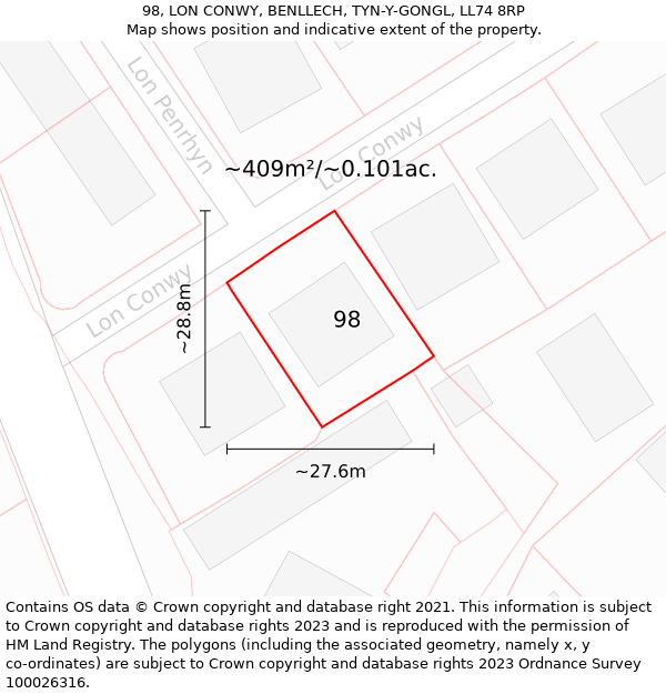 98, LON CONWY, BENLLECH, TYN-Y-GONGL, LL74 8RP: Plot and title map