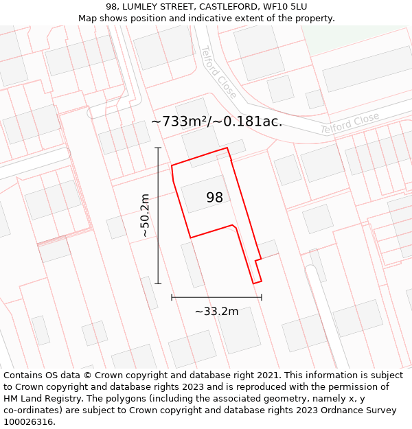 98, LUMLEY STREET, CASTLEFORD, WF10 5LU: Plot and title map