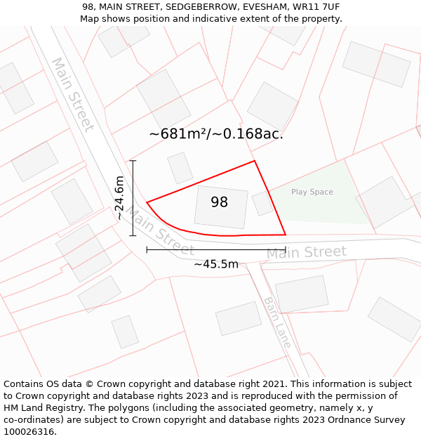 98, MAIN STREET, SEDGEBERROW, EVESHAM, WR11 7UF: Plot and title map