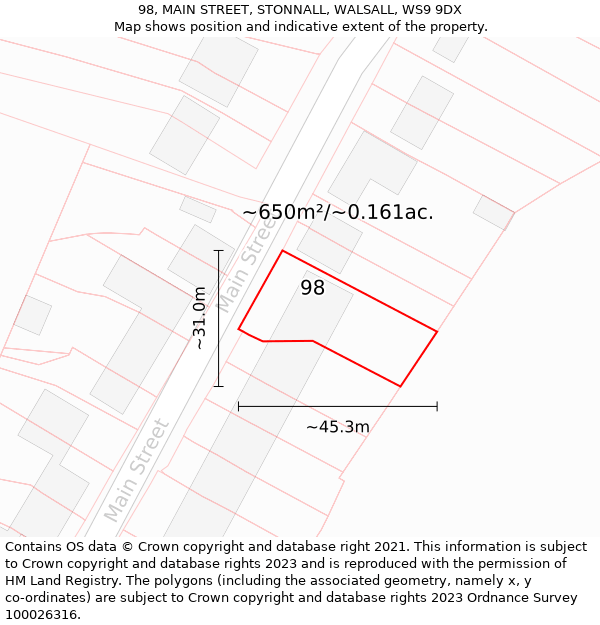 98, MAIN STREET, STONNALL, WALSALL, WS9 9DX: Plot and title map