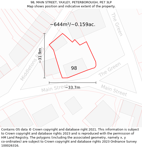 98, MAIN STREET, YAXLEY, PETERBOROUGH, PE7 3LP: Plot and title map