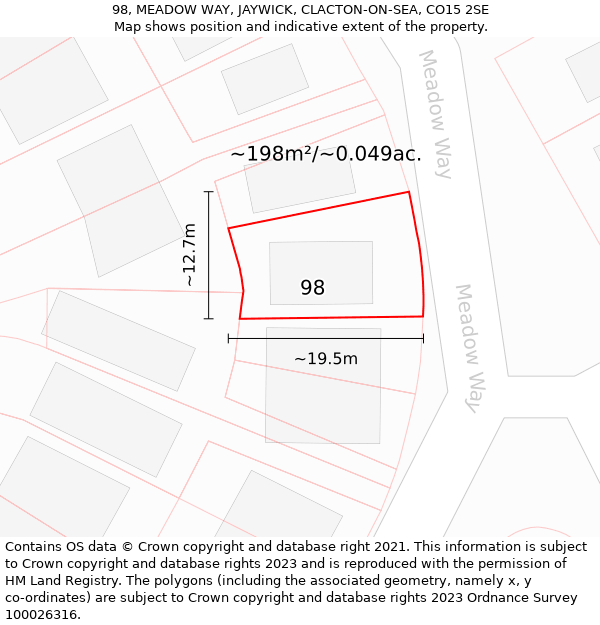 98, MEADOW WAY, JAYWICK, CLACTON-ON-SEA, CO15 2SE: Plot and title map