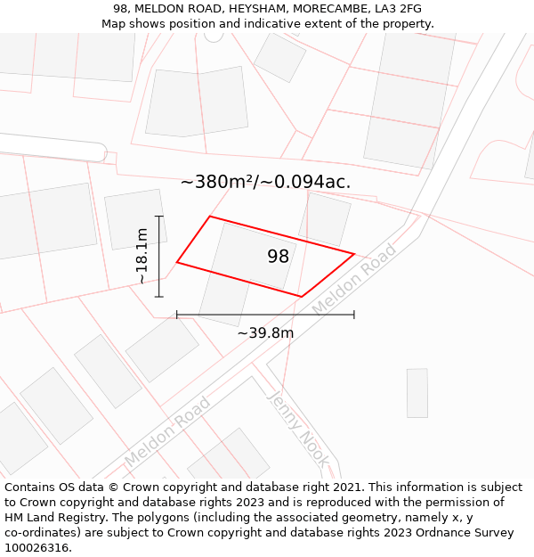 98, MELDON ROAD, HEYSHAM, MORECAMBE, LA3 2FG: Plot and title map