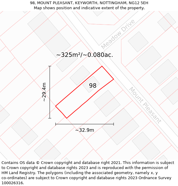 98, MOUNT PLEASANT, KEYWORTH, NOTTINGHAM, NG12 5EH: Plot and title map