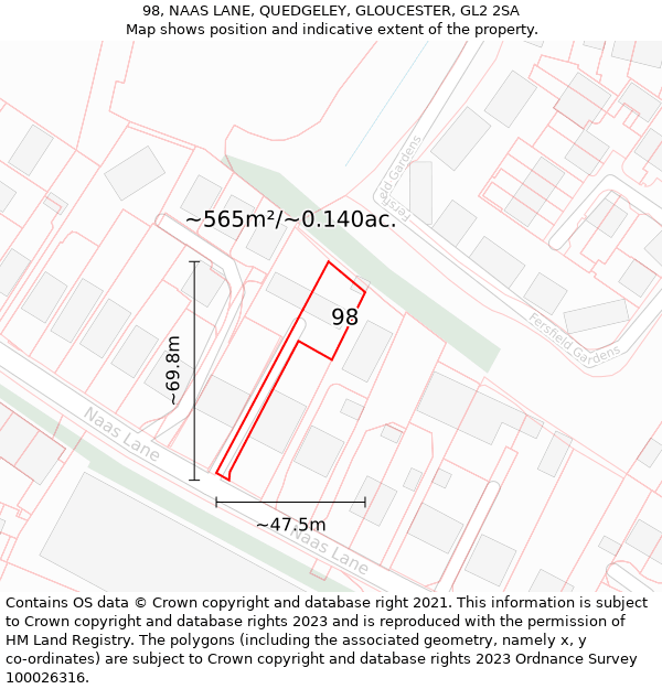 98, NAAS LANE, QUEDGELEY, GLOUCESTER, GL2 2SA: Plot and title map