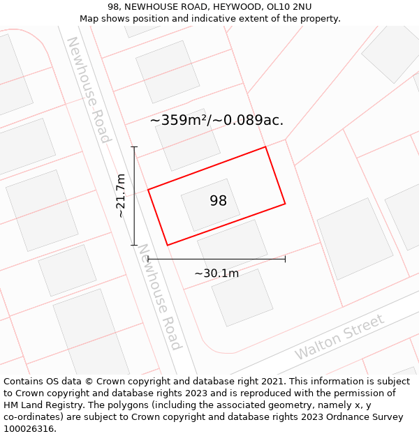 98, NEWHOUSE ROAD, HEYWOOD, OL10 2NU: Plot and title map