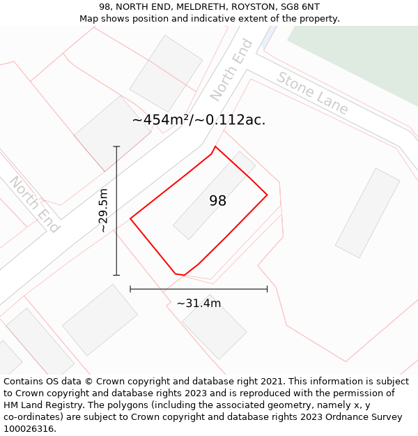 98, NORTH END, MELDRETH, ROYSTON, SG8 6NT: Plot and title map