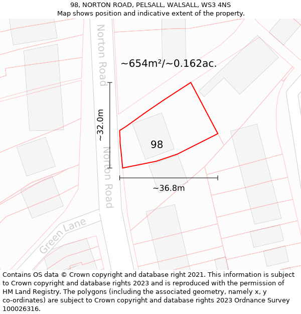 98, NORTON ROAD, PELSALL, WALSALL, WS3 4NS: Plot and title map