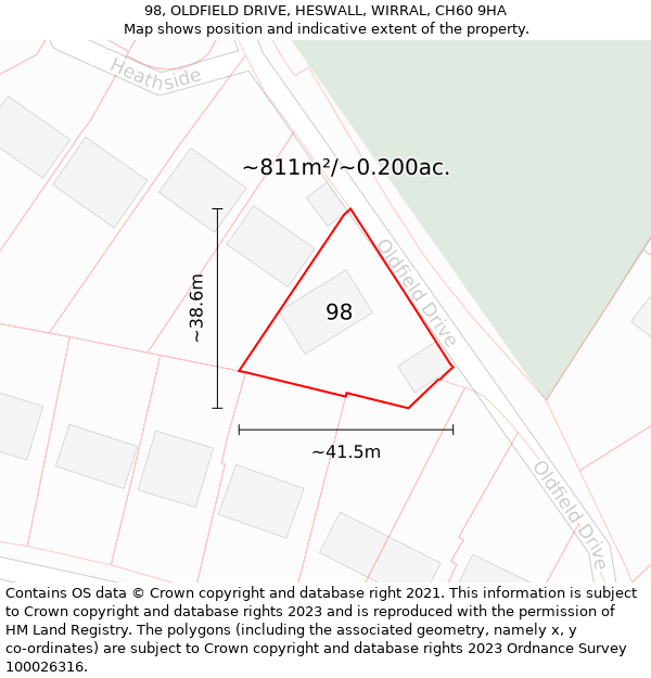 98, OLDFIELD DRIVE, HESWALL, WIRRAL, CH60 9HA: Plot and title map