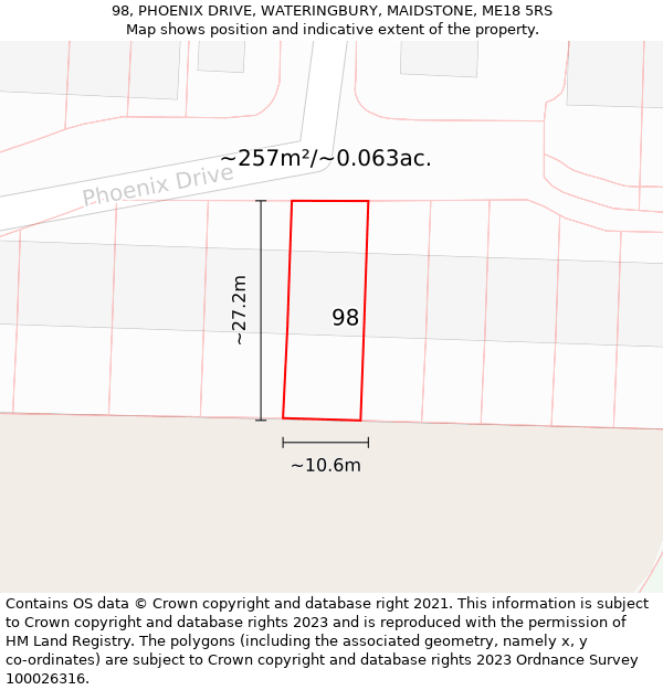 98, PHOENIX DRIVE, WATERINGBURY, MAIDSTONE, ME18 5RS: Plot and title map