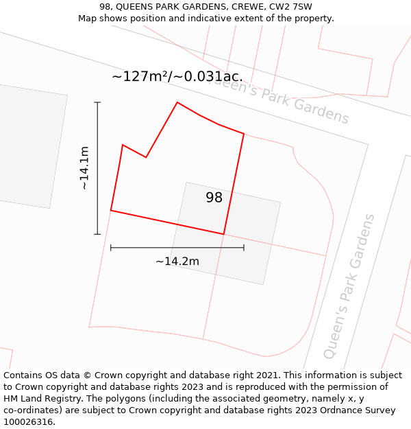 98, QUEENS PARK GARDENS, CREWE, CW2 7SW: Plot and title map