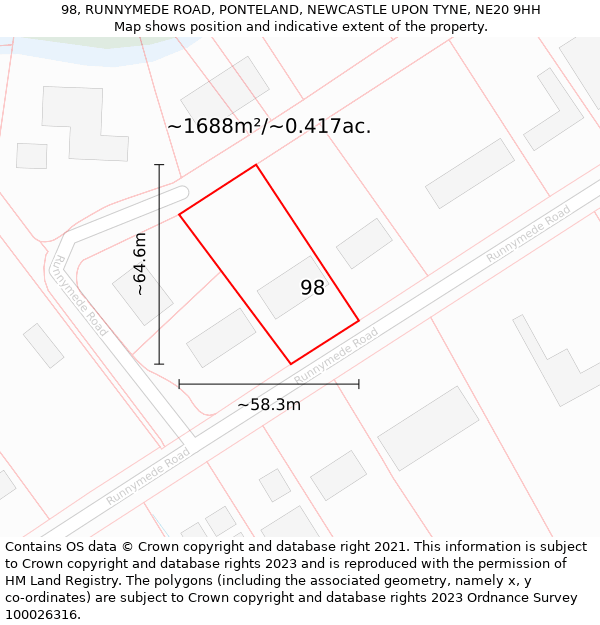 98, RUNNYMEDE ROAD, PONTELAND, NEWCASTLE UPON TYNE, NE20 9HH: Plot and title map