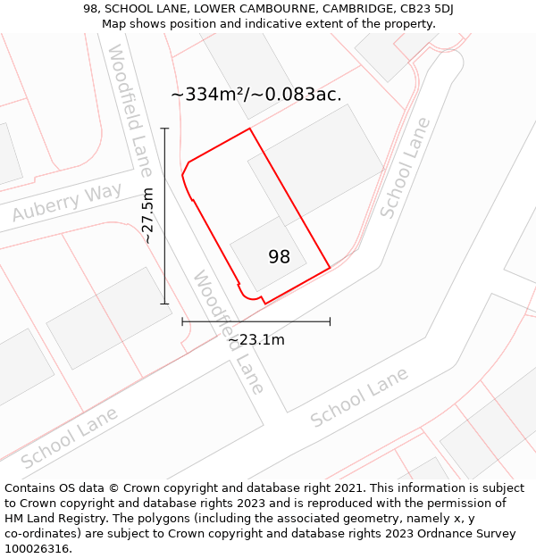 98, SCHOOL LANE, LOWER CAMBOURNE, CAMBRIDGE, CB23 5DJ: Plot and title map