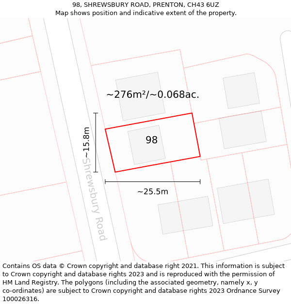 98, SHREWSBURY ROAD, PRENTON, CH43 6UZ: Plot and title map