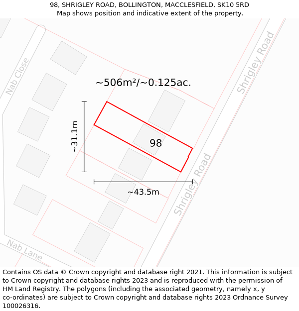 98, SHRIGLEY ROAD, BOLLINGTON, MACCLESFIELD, SK10 5RD: Plot and title map