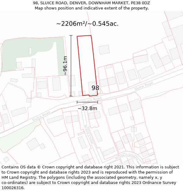 98, SLUICE ROAD, DENVER, DOWNHAM MARKET, PE38 0DZ: Plot and title map