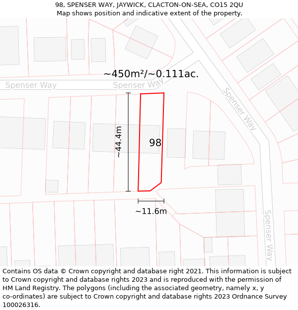 98, SPENSER WAY, JAYWICK, CLACTON-ON-SEA, CO15 2QU: Plot and title map