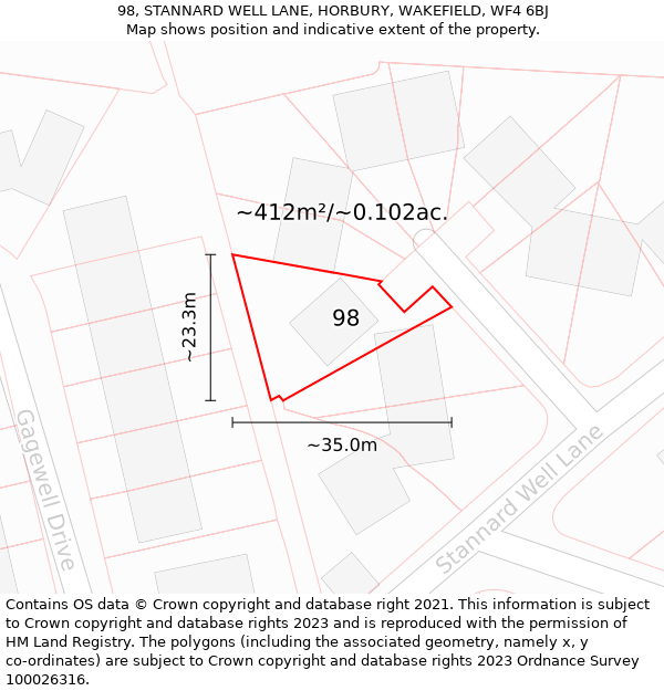 98, STANNARD WELL LANE, HORBURY, WAKEFIELD, WF4 6BJ: Plot and title map