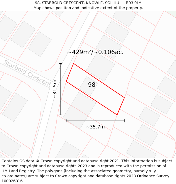 98, STARBOLD CRESCENT, KNOWLE, SOLIHULL, B93 9LA: Plot and title map