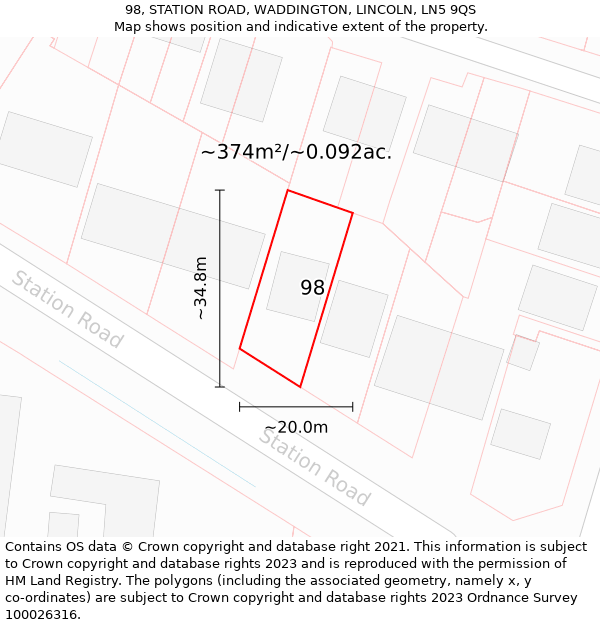 98, STATION ROAD, WADDINGTON, LINCOLN, LN5 9QS: Plot and title map