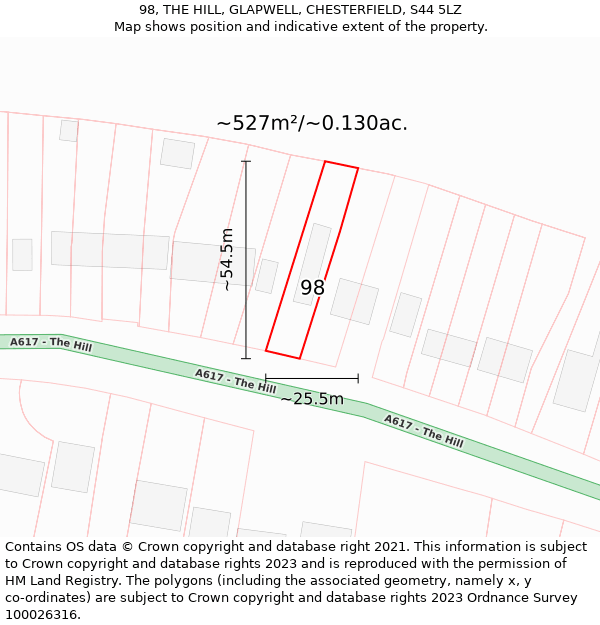 98, THE HILL, GLAPWELL, CHESTERFIELD, S44 5LZ: Plot and title map