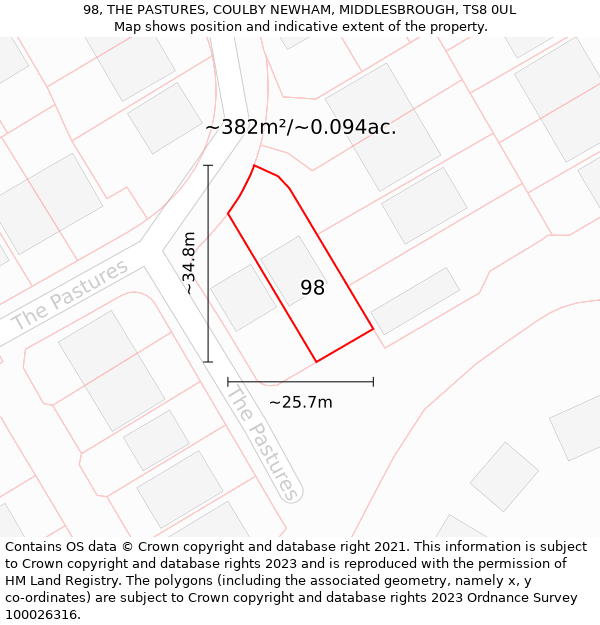 98, THE PASTURES, COULBY NEWHAM, MIDDLESBROUGH, TS8 0UL: Plot and title map