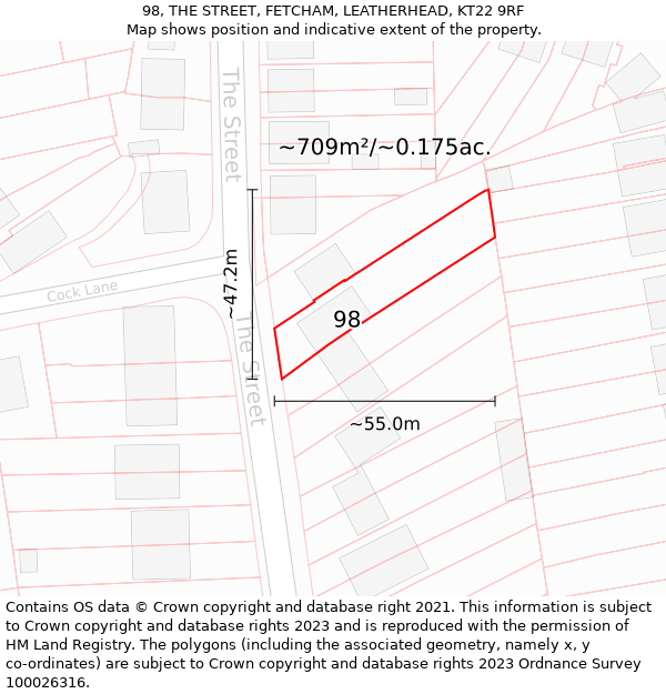 98, THE STREET, FETCHAM, LEATHERHEAD, KT22 9RF: Plot and title map