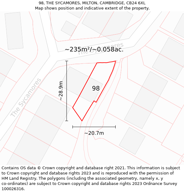 98, THE SYCAMORES, MILTON, CAMBRIDGE, CB24 6XL: Plot and title map